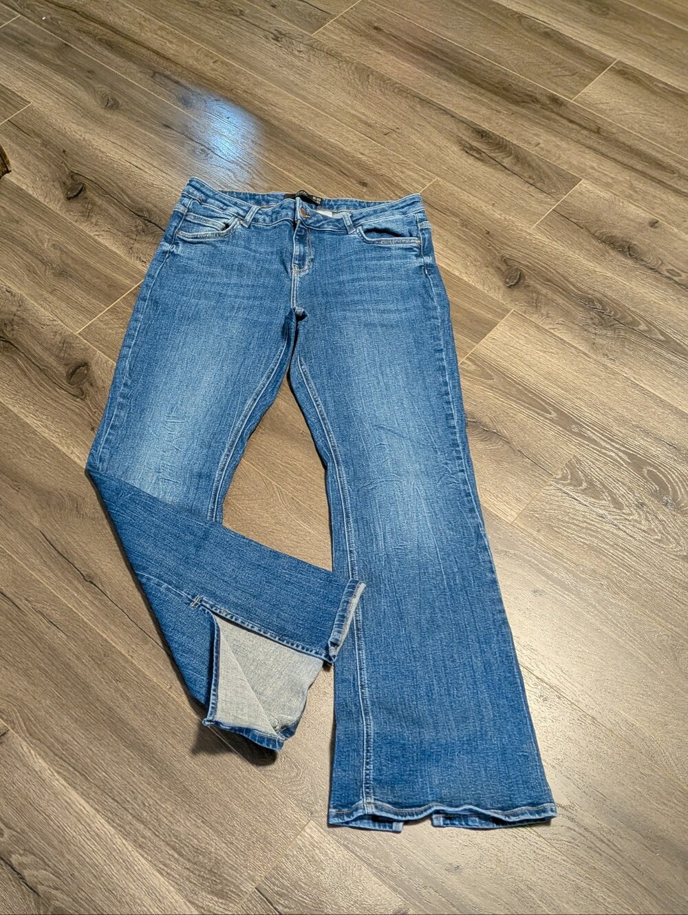 Flare Jeans With Back Seam And Slits. Size 33/30. Low Rise. Stretchy Brand: Own